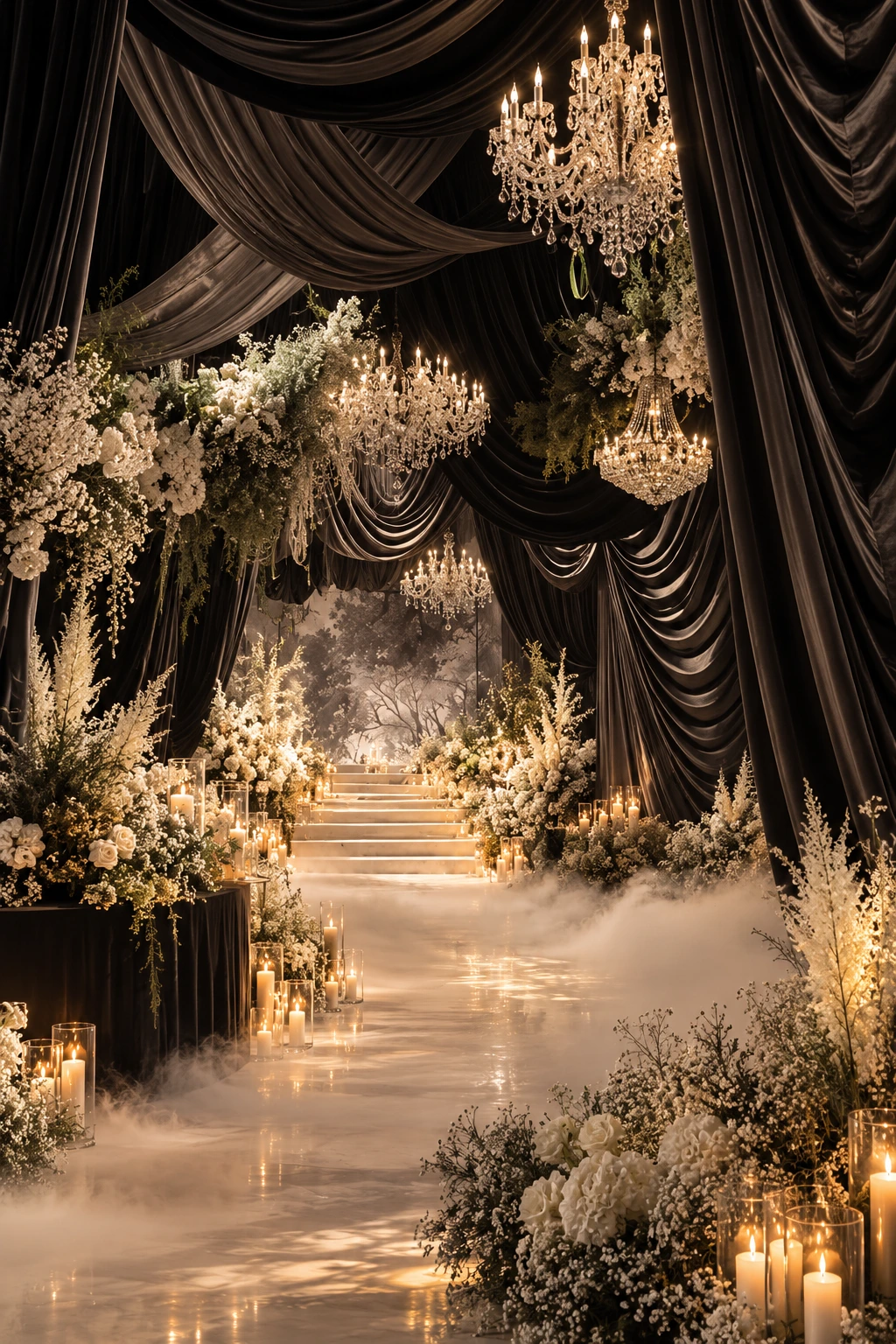 Wedding decor inspiration with dramatic black draping, crystal chandeliers, ivory flowers and a candlelit aisle