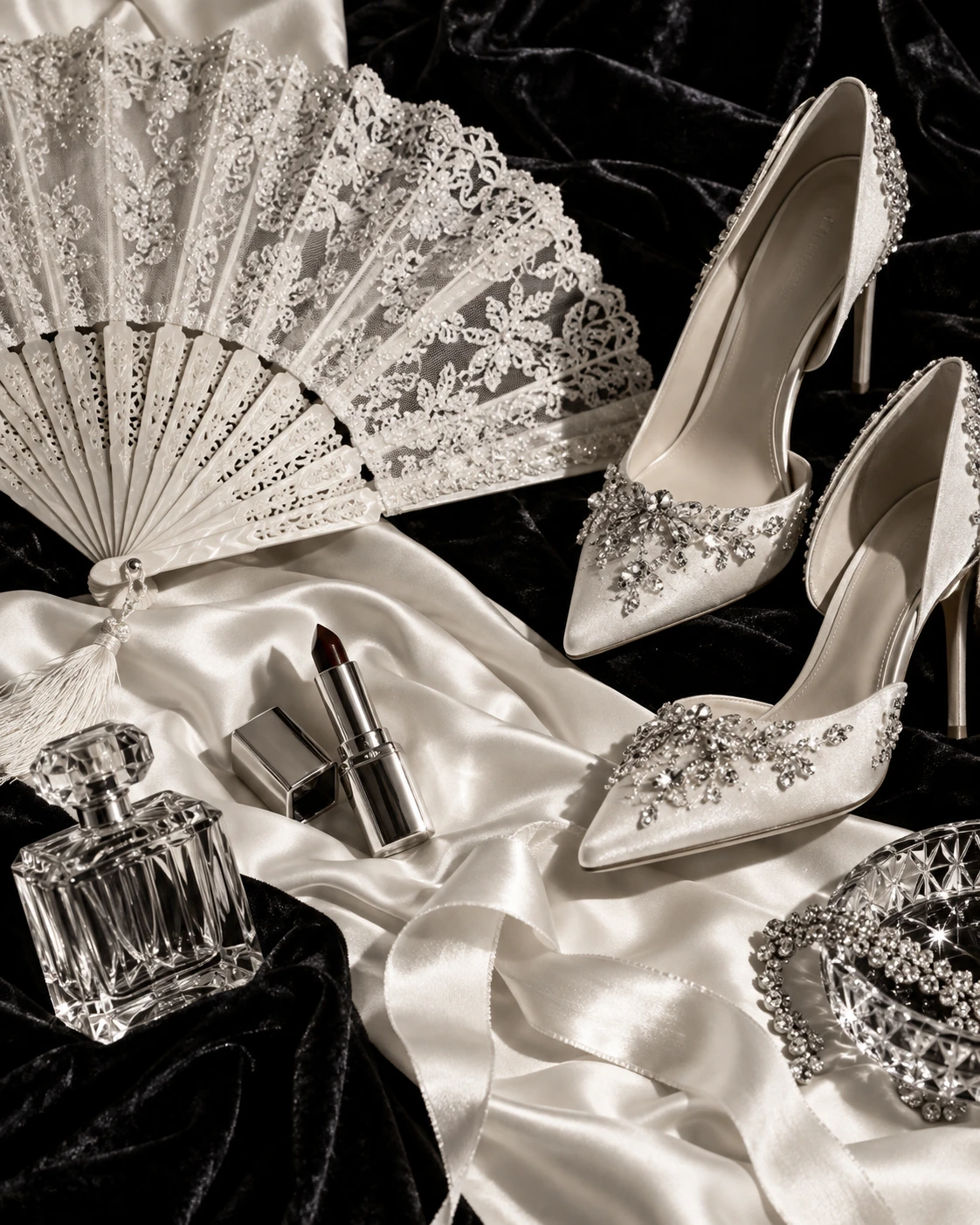 Bridal fan, lipstick and crystal heels arranged on ivory silk