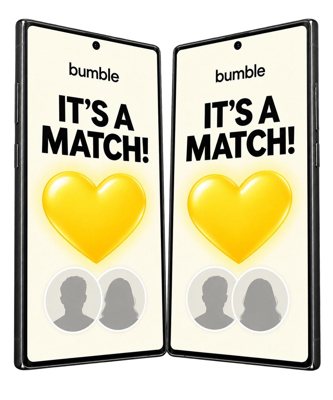 Two phones showing It’s a match with hearts, placed over the lower legs