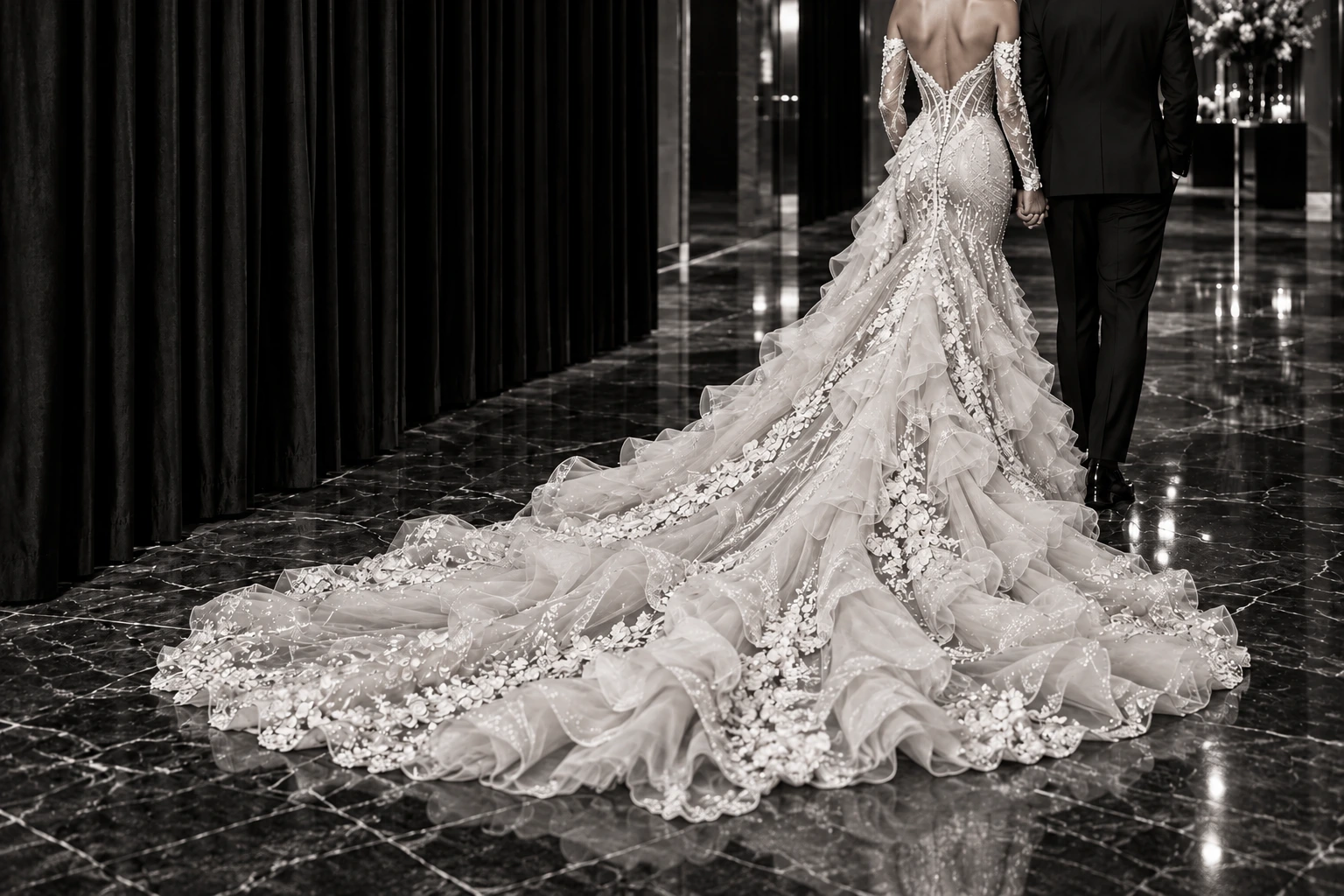 Wedding editorial cropped at the shoulders, featuring an intricate lace gown and cathedral train